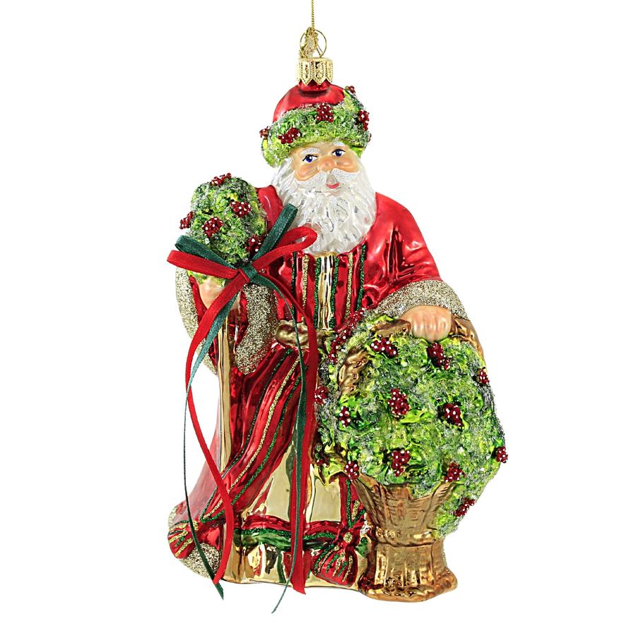 Huras, Floral Santa Glass Ornament Poinsettia Basket, S551