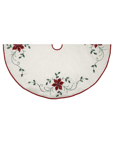 Ivory with Poinsettia Embroidery Christmas Tree Skirt., IN1327, Kurt Adler